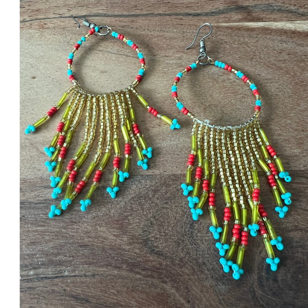 Western Native American earrings red turquoise gold beaded hoop fringe dangle